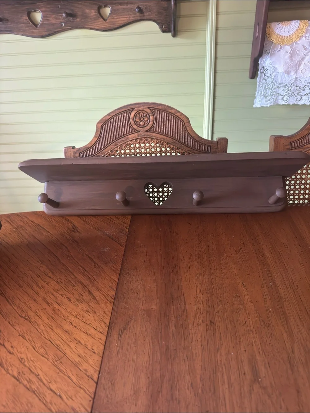 Brown Wooden Heart Wall Shelf with Hooks - Brand
